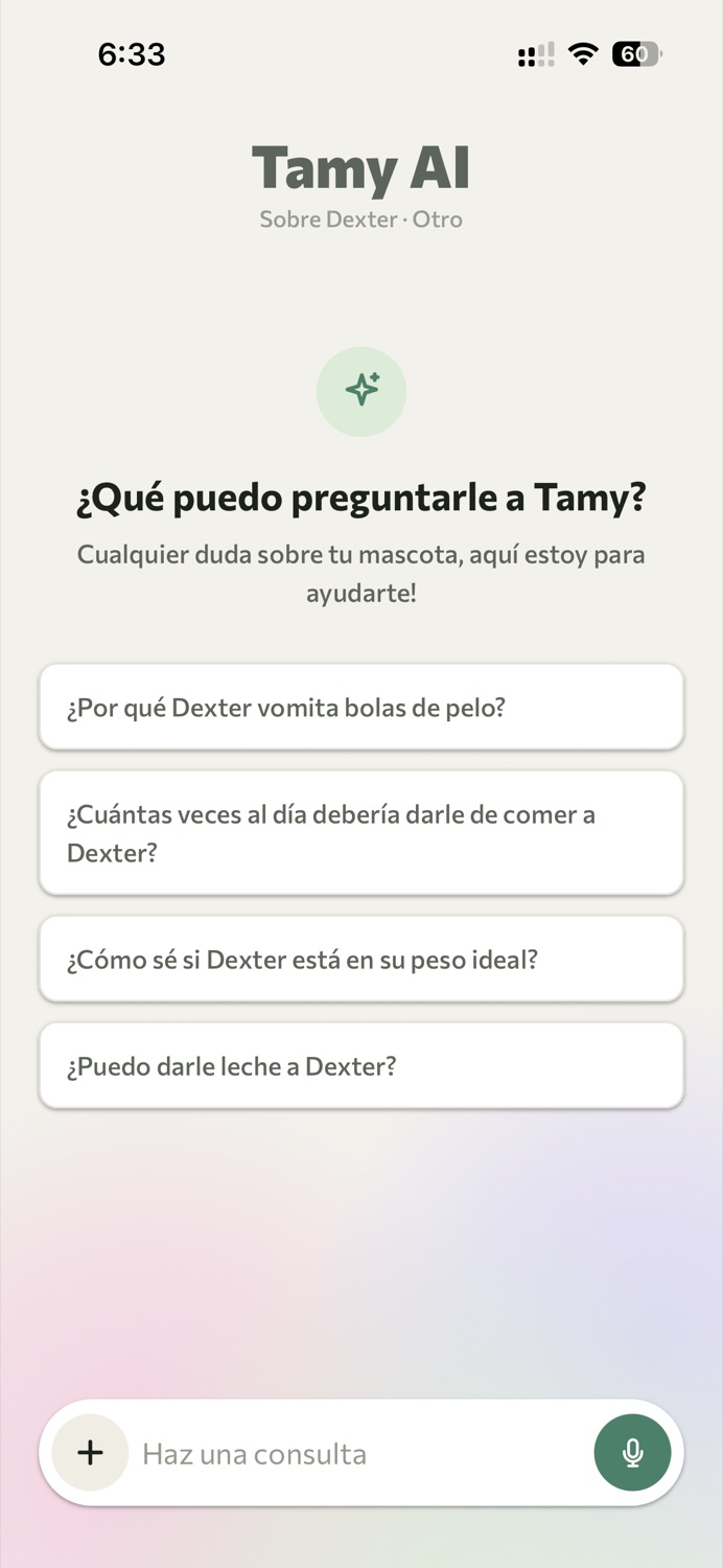 Pantalla de Tamy AI con preguntas sugeridas sobre Dexter